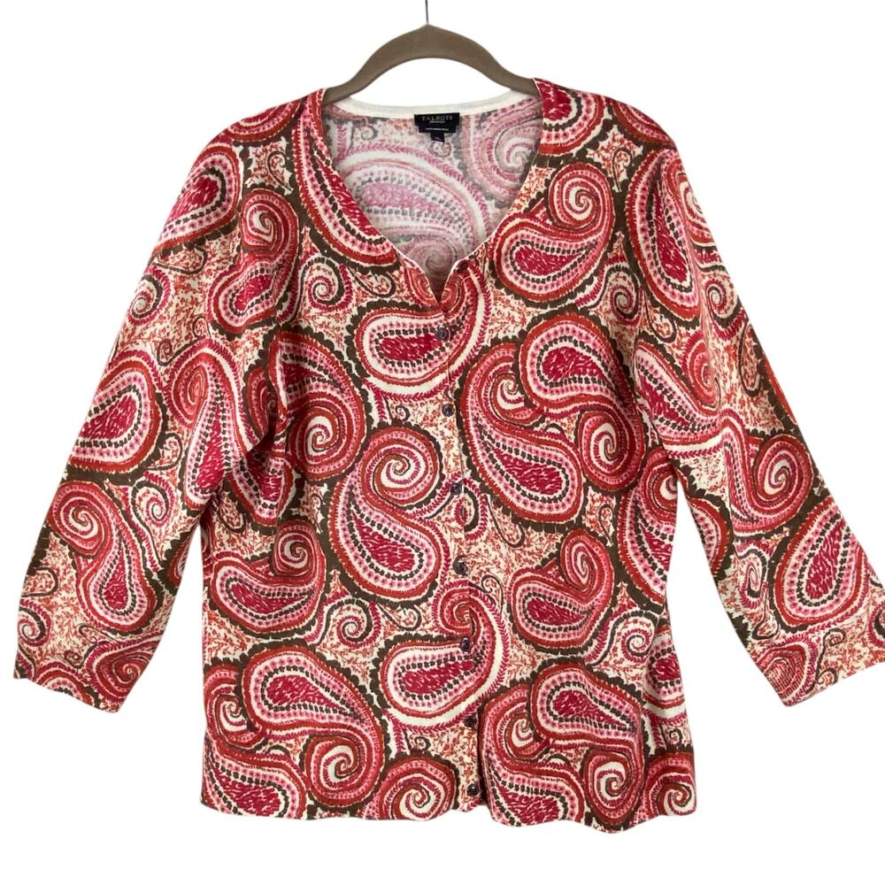 Talbots 100% Merino Wool Paisley Cardigan Sweater Red Brown Classic Lightweight